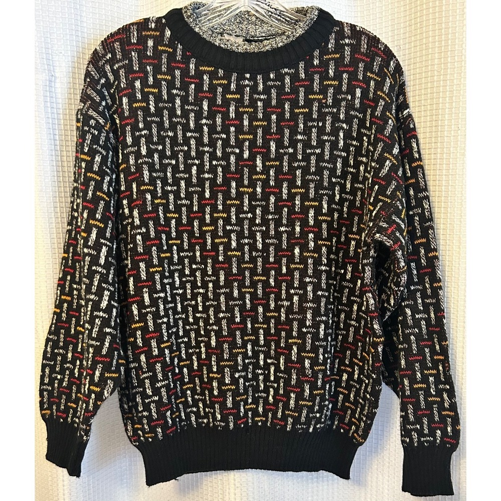 VTG 80s Kennington Italia Mens Sweater Black Geometric Size Large Made in Italy